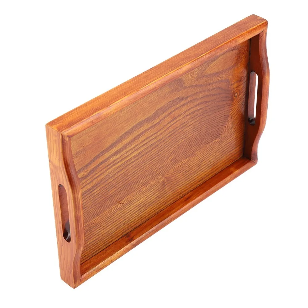 Solid Wood Wood Serving Tray Rectangle Shape Cutout Handles Food Serving Tray Black Tea Serving Tray Coffee Table