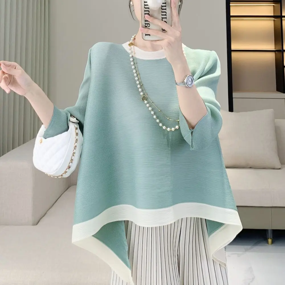 Wrinkle top 2025 summer new women's clothing plus size round neck seven quarter short sleeved t-shirt loose commuting
