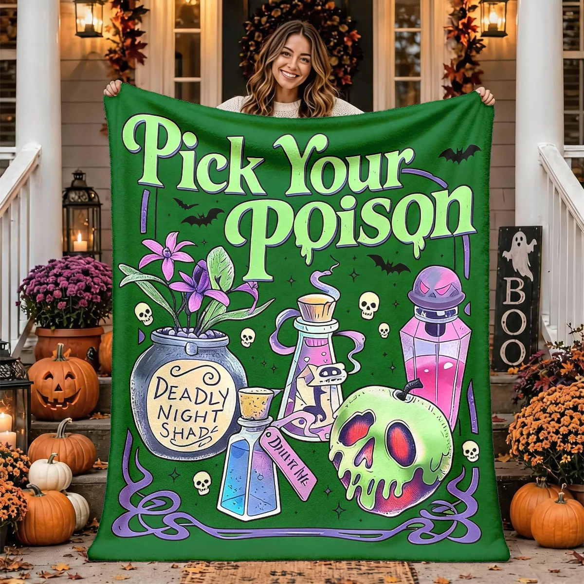 [2D FLAT PRINTING] 1pc Magic Poison Bottle Poison Apple Halloween Themed Flannel Blanket - Large Size, Soft, Lightweight, and Wa