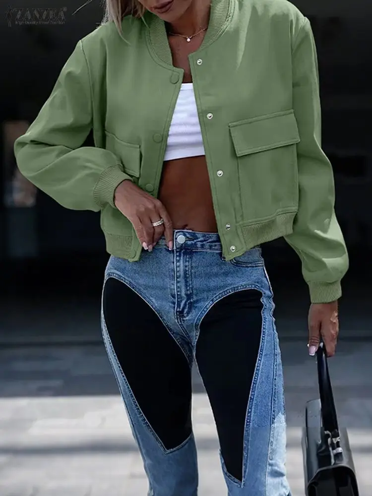 

ZANZEA Womens Street Fashion Bomber Jackets Fall 2025 Long Sleeve Solid Color Lightweight Short Jackets Woman Outerwear S-3XL