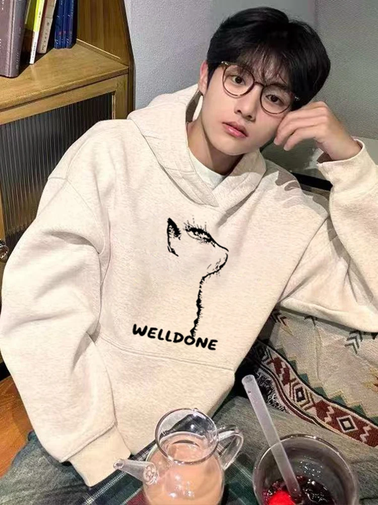 

Tra Hoodie Men's Loose Fit Fce Lined Autumn Winter Sweatirt Streetwear Casual Print Cotton Long Sve Youth Faion