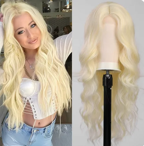 Fashion new wig for women Gold Stroke long curly hair synthetic fiber high temperature silk full head cover