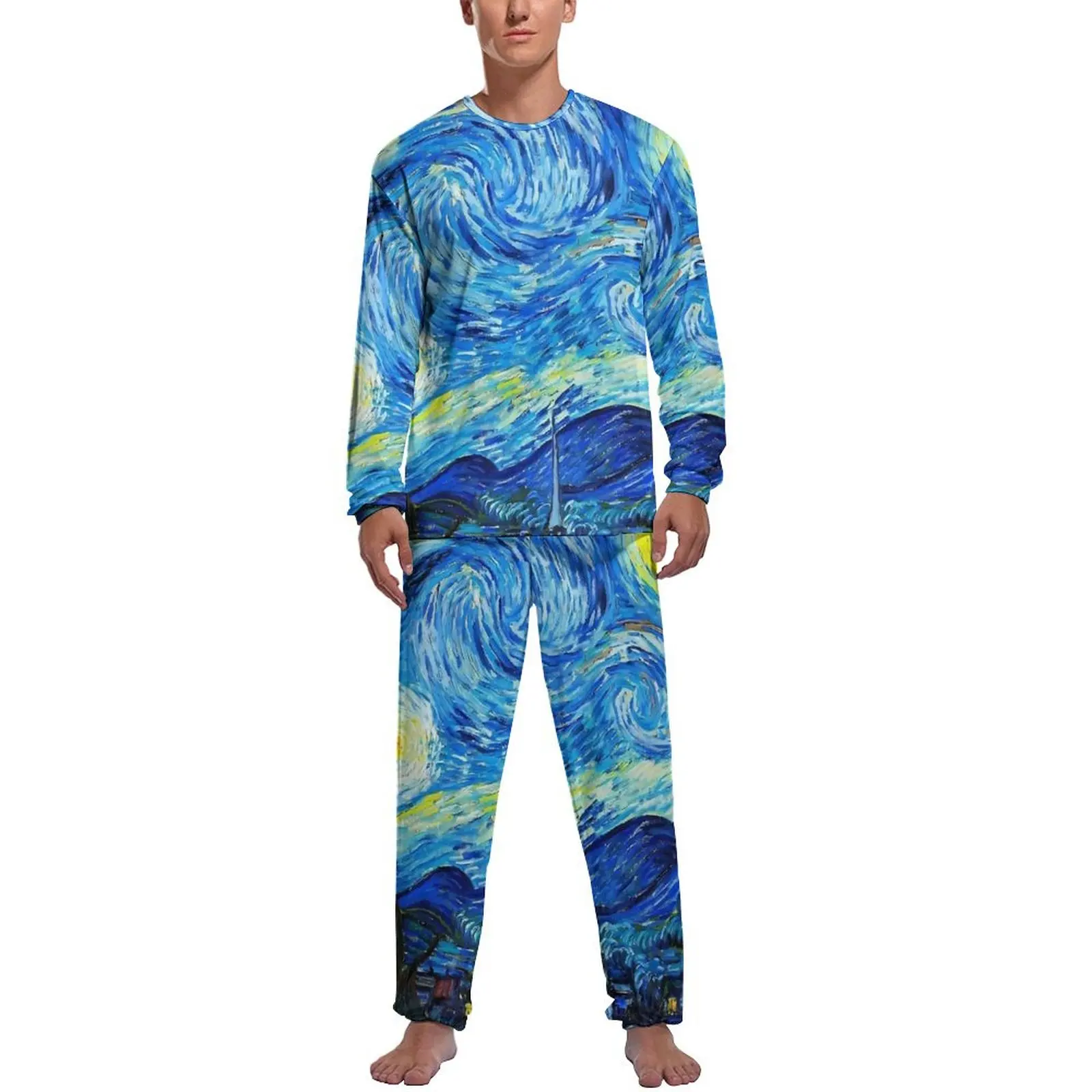 Van Gogh Pajamas Winter Starry Night Print Casual Sleepwear Men 2 Pieces Graphic Long Sleeve Elegant Pajama Sets