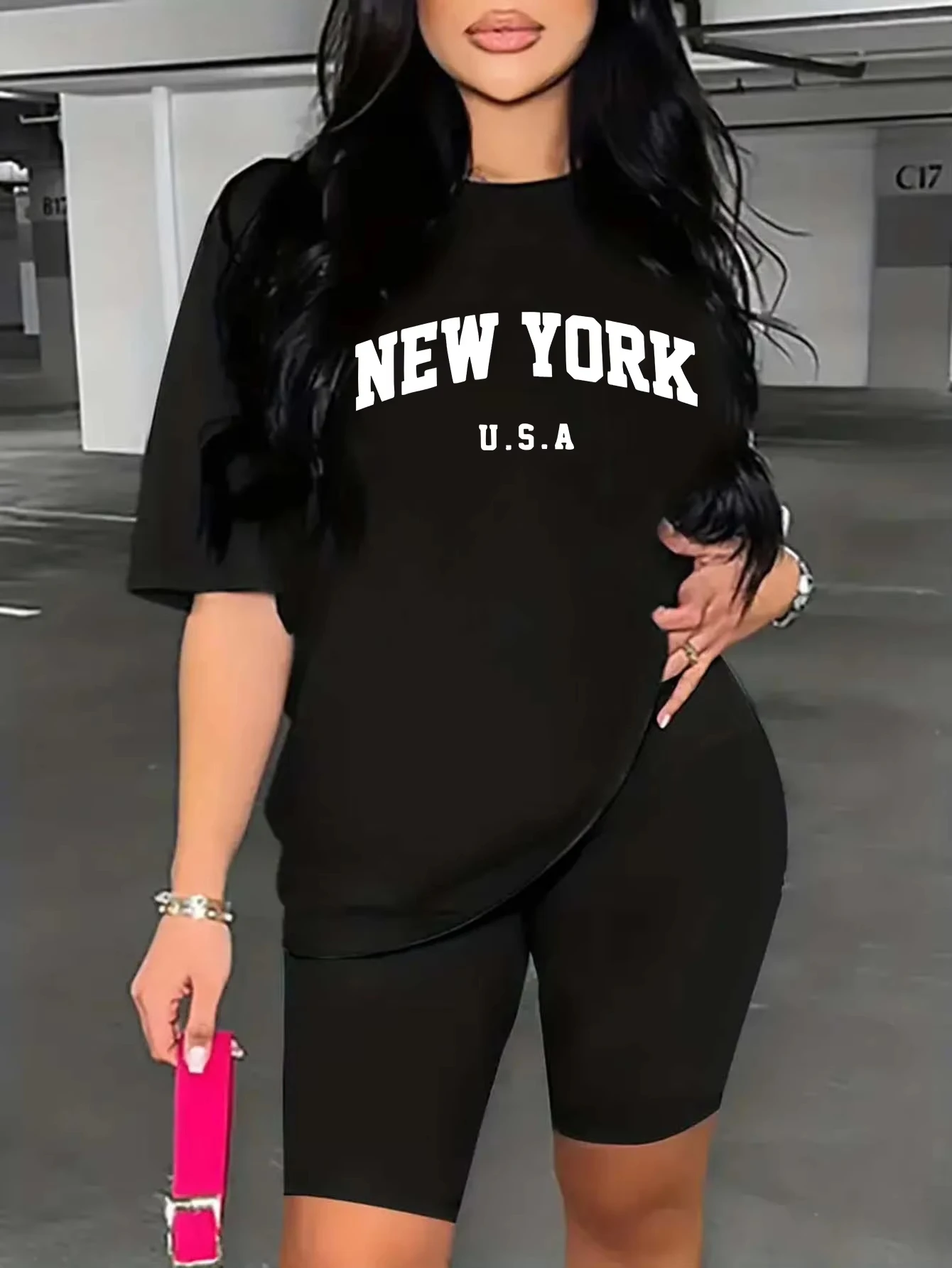 تي شيرت نسائي صيفي مطبوع عليه رسومات نيويورك تي شيرت رياضي كاجوال عالي الجودة عصري بأكمام قصيرة ورقبة مستديرة بلوفر فضفاض #2