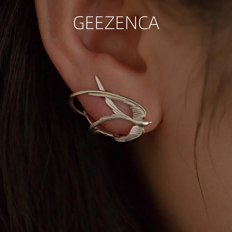 

GEEZENCA 925 Sterling Silver 3D Swallow Bird Stud Earrings For Women Unique Trendy Dainty Ear Cuff Statement Earring Luxury Gift