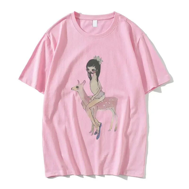 Yoshitomo Nara Aya Takano Grunge Girl Riding Pink Deer Art Baby Graphic T Shirts Funny Men Women\'s Cartoon Oversized T-shirt