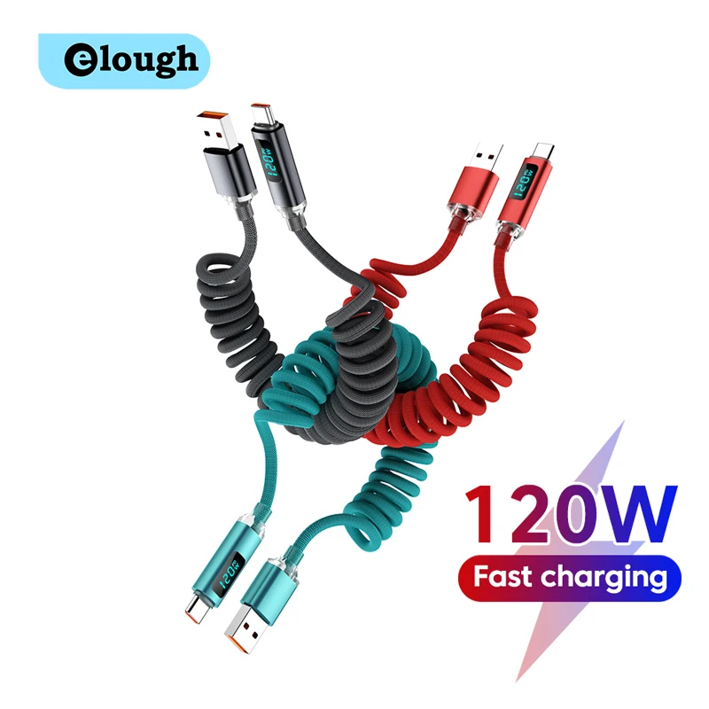 120W Car Spring Cable Digital Display Retractable USB C To Type C Fast Charging Cable for iphone 15 16 Samsung Huawei Xiaomi