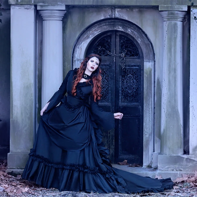 Robe de mariée victorienne Mina Dracula gothique noire avec train agité, manches longues, robe de réception de mariée, col en V, volants, robes rétro