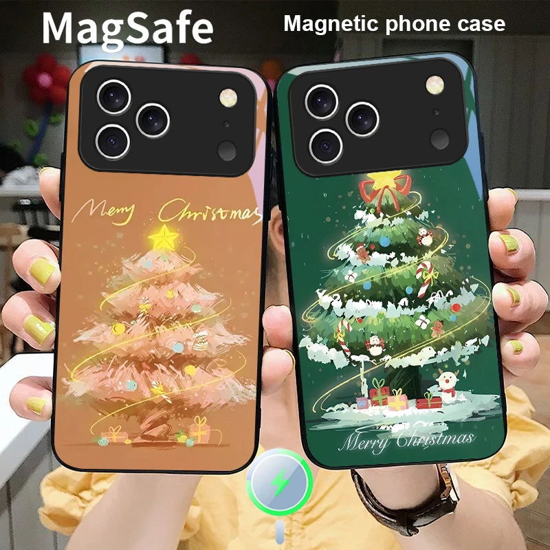 

Decorated Christmas Tree For Magsafe iPhone 17 Pro Max 16 E 15 14 13 Plus 12 mini 11 17 Air XR Xs Max 7 Plus Glass Phone Case