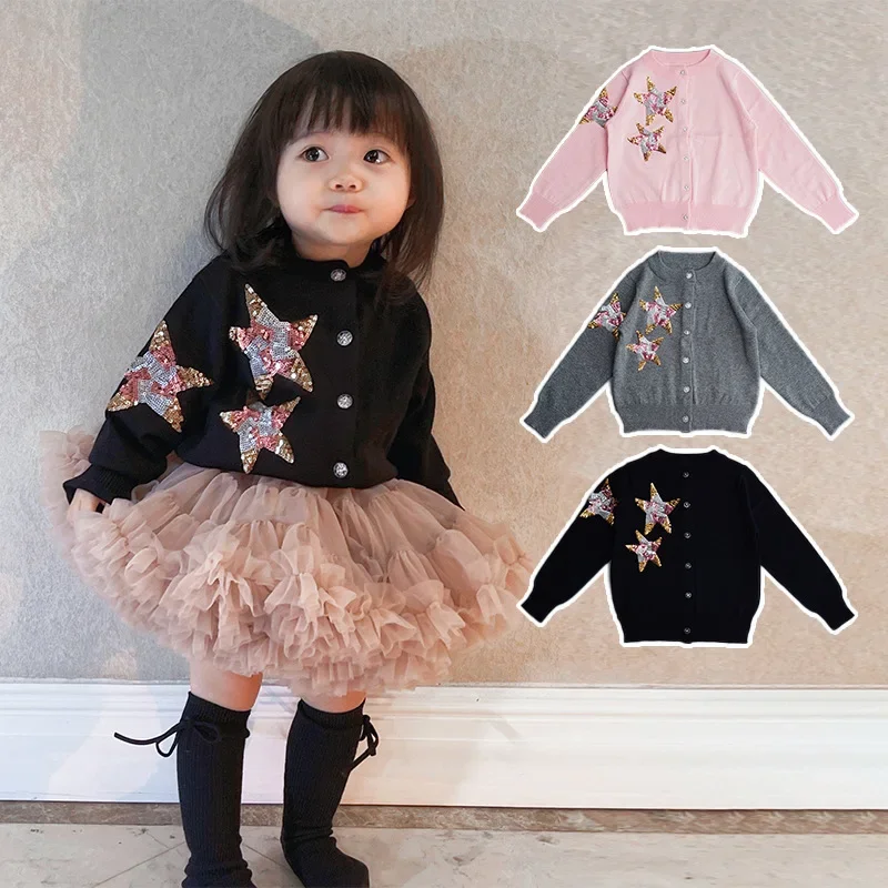 

Girls pure cotton knitted sweater jacket soft and warm single breasted cardigan 2 to 8T girls sequin star sweater jacket sweet