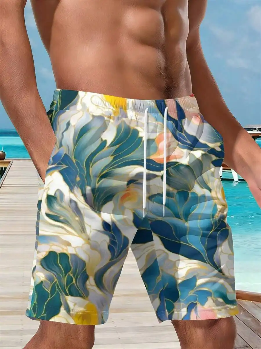 

Mens Floral 3D All Over Print Beach Shorts Tropical Leaves Blooms Summer Pool Swimwear