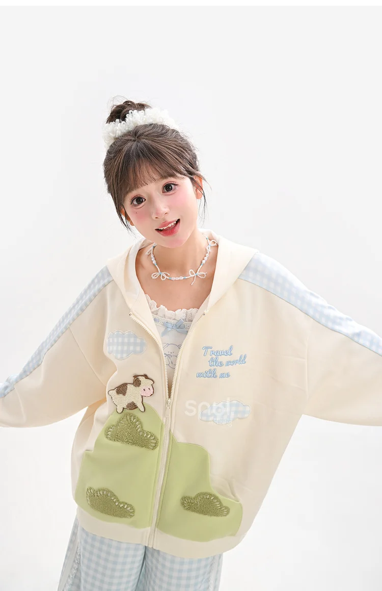 2025 Spring and Autumn New Cute and Fun Multi-color Student Women's Jacket Hooded Casual Sweatshirt Beige Knitted Short Skirt