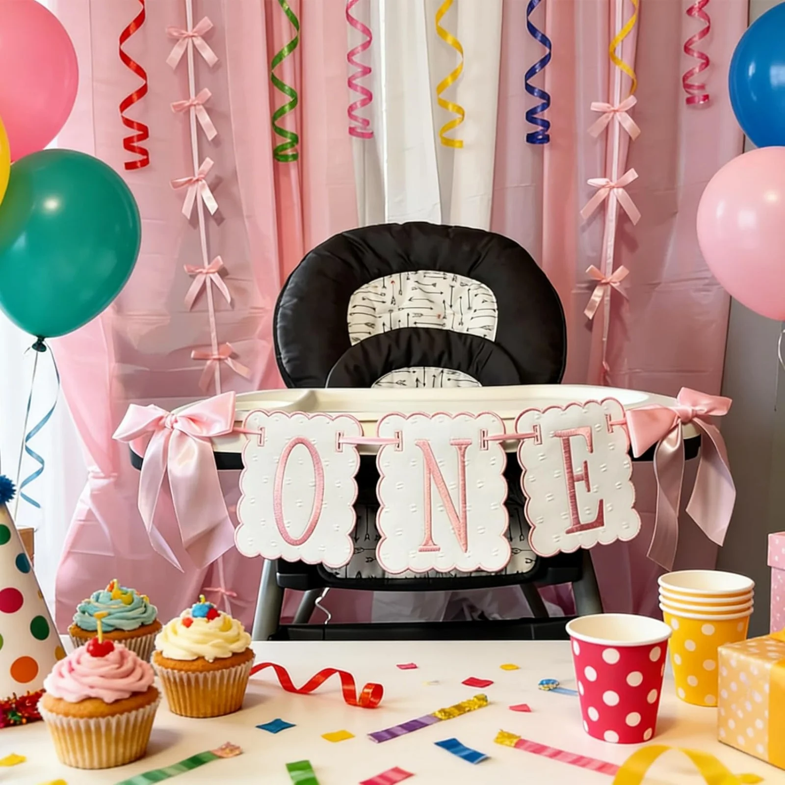 Rosa und Weiße Schleife ONE Hochstuhl-Banner für Mädchen Erster Geburtstag Hochstuhl-Dekoration Sweet One Rosa Schleife 1. Geburtstag Dekorationen – Detail 7