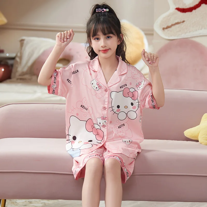 Sanrios Kuromi My Melody Hellokittys Pajamas Suit Anime Kawaii Summer Breathable Round Neck Loose Fitting Loungewear Milk Shreds