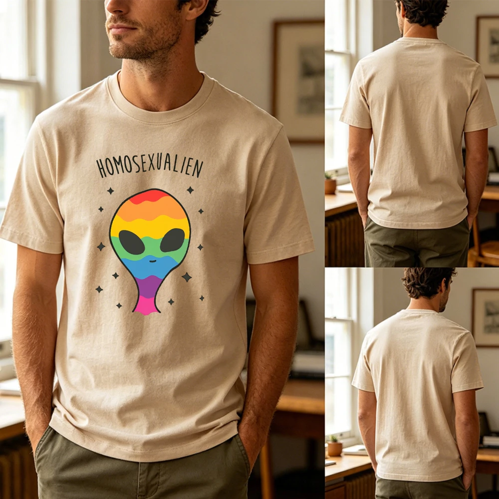 Homosexualien Rainbow Alien Head Men T Shirt Summer LGBTQ Pride Casual Tee Interstellar Galaxy Space Character Tops