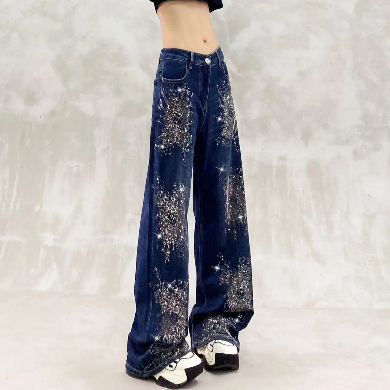 Vintage Y2K Starry Rhinestone Sequin Denim Blue Wide Leg Pants Women Spring High Waist Straight Floor Length Streetwear Jeans