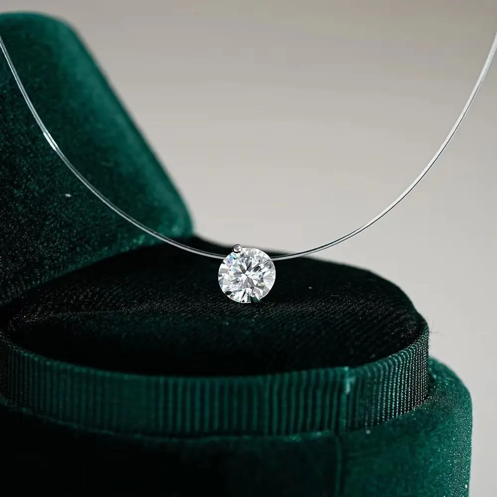 Collar con colgante de circonita de plata S925, cadena Invisible de 6mm y 8mm para sedal de pesca, regalo de diamantes de imitación ostentosos, gargantilla de sedal solitario para uso diario