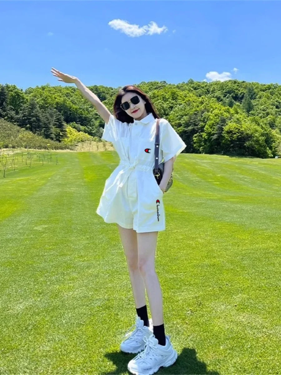 

Charming White One-Piece Pants for Women Sweet And Cool Sle ort Sve High Waist Commute Straight Leg Summer Faion