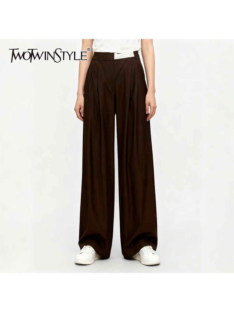 

TWOTWINSTYLE однотонные свободные базовые брюки с аппликацией для женщин, повседневные широкие брюки с высокой талией и карманами в стиле пэчворк, женские новые