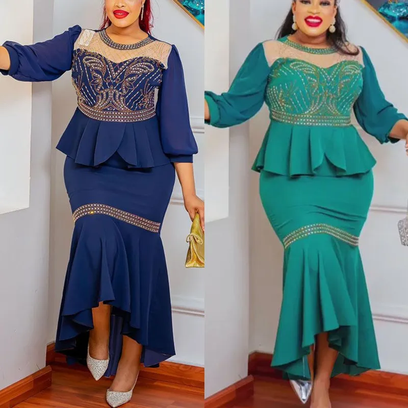 

2 Piece Sets African Tops Skirt Suit For Women Beading Ruched Top And High Waist Ruffled Layed Slim Fishtail Long Skirts Set