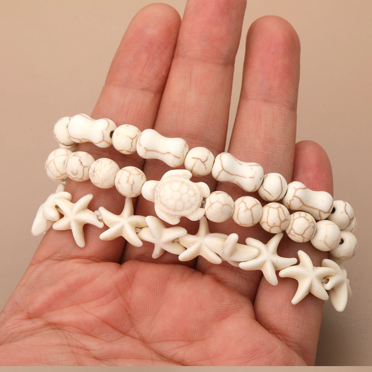 Natural White Turquoise Simulation Skeleton Head Starfish Straight Hole Beaded Bracelet  For Women Men Jewelry Accessories