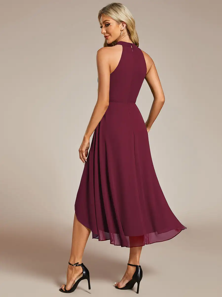 Elegant Evening Dresses Midi Halter Neck Sleeveless 2024 Ever Pretty of A-Line Chiffon Burgundy Wedding Guest Dress