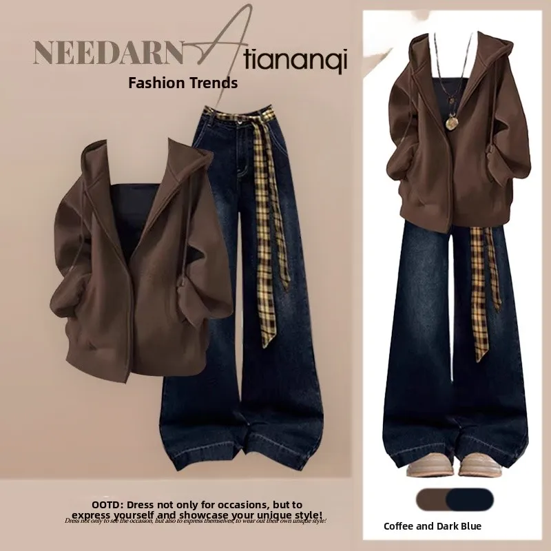 

American Style Autumn Set Women's Retro Anti-Aging Hoodie Jacket High Waist Slim Wide Leg Jeans Two Piece Set Casual Fashion