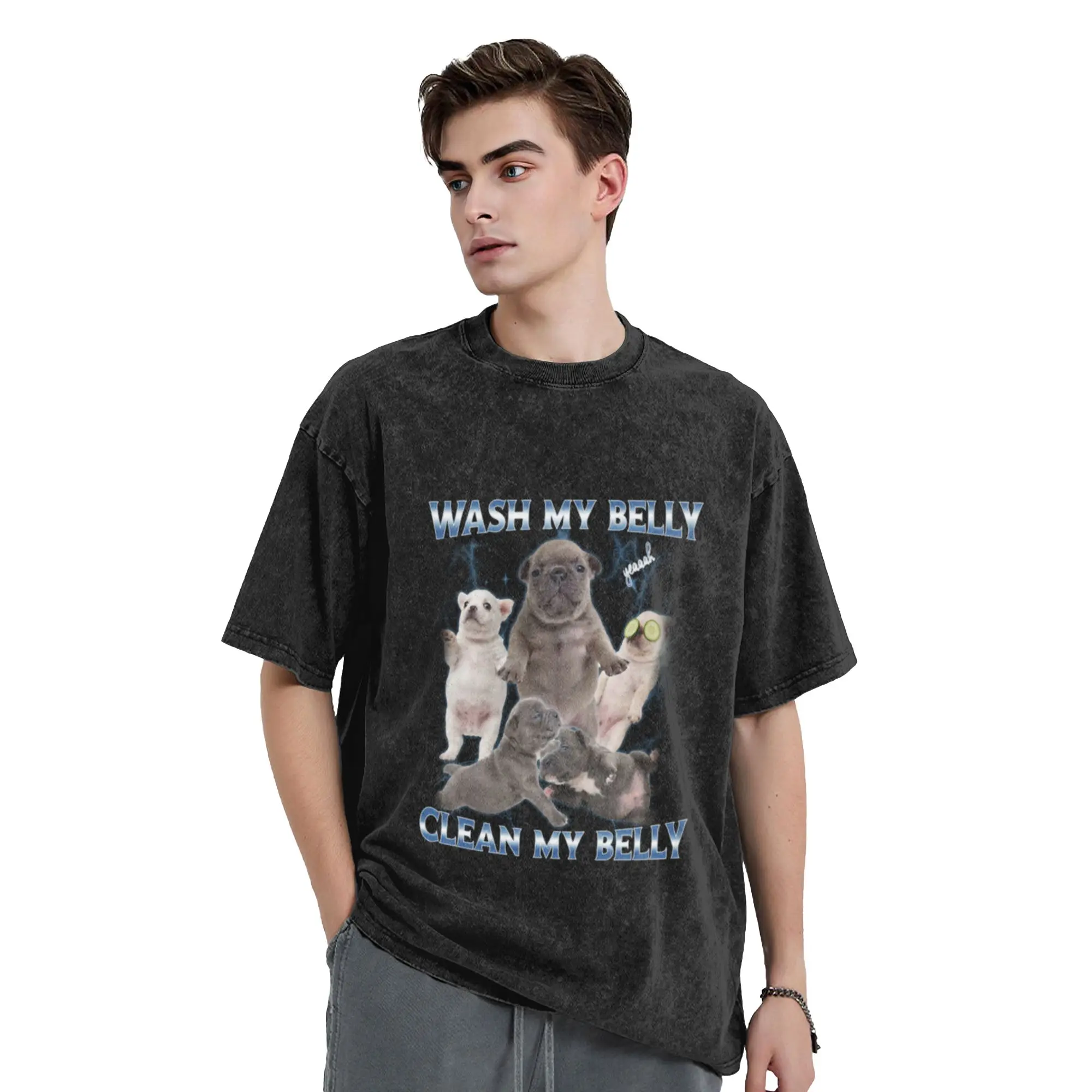 Pibble Dog Wash Clean My Belly Funny Meme Classic Stylish A Washed T Shirt Men's Women's Oversized Cotton Tees Tops