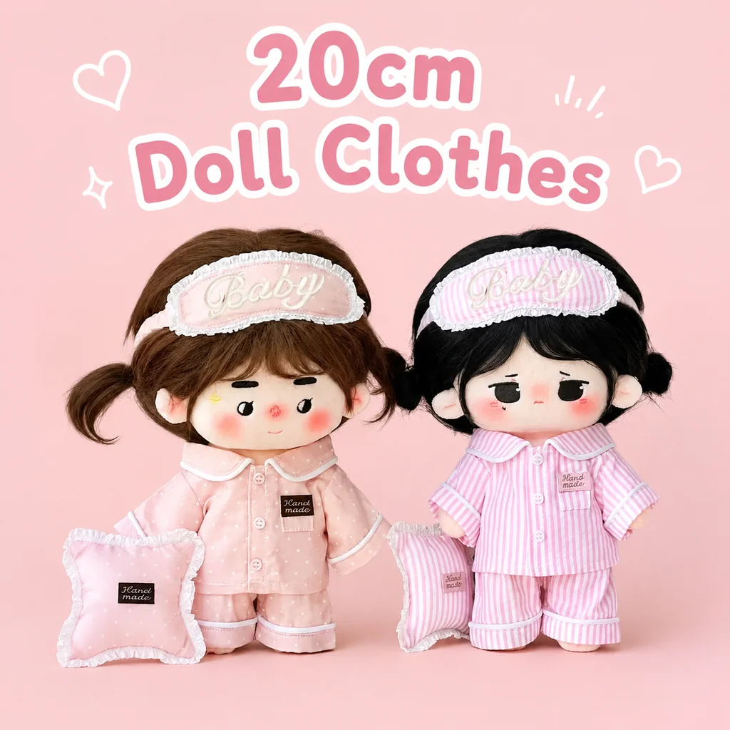 20cm Pink Cotton Doll Pajamas Set Autumn New Style Home Wear Outfit Replacement For Plush Dolls With Eye Mask And Mini Pillow