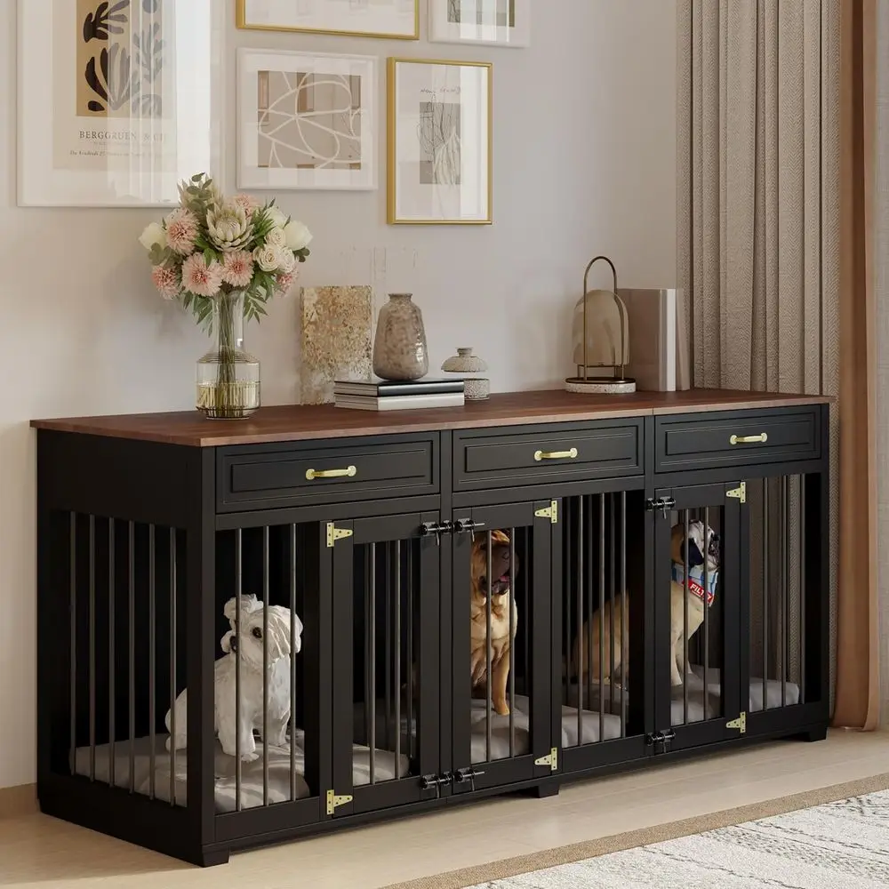 

Indoor Wooden Dog Crate with 2 Dividers, 3 Doors, and Lockable, 72x23.6x31.5, Black