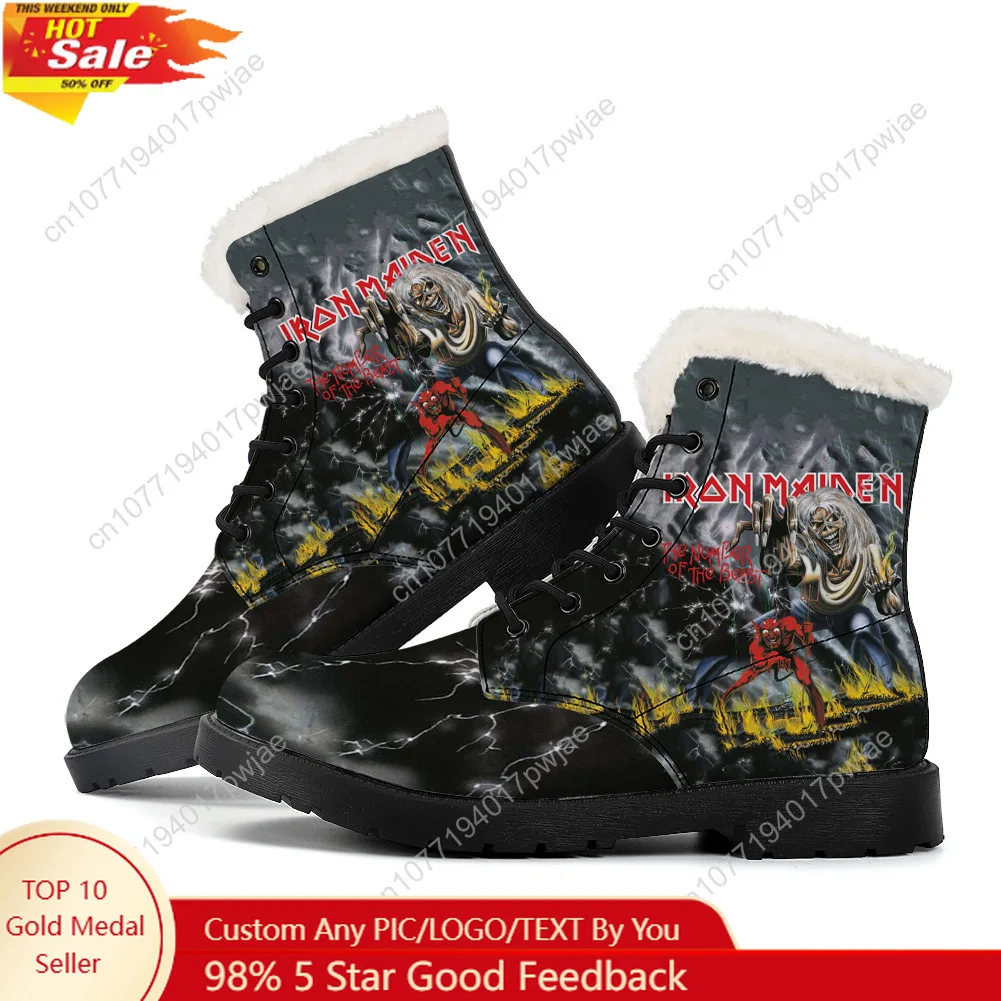 

I-Iron M-Maidens Rock Band Plush Keep Warm Boots Mens Womens Winter Outdoor Hiking snow boots High quality Customize Boots