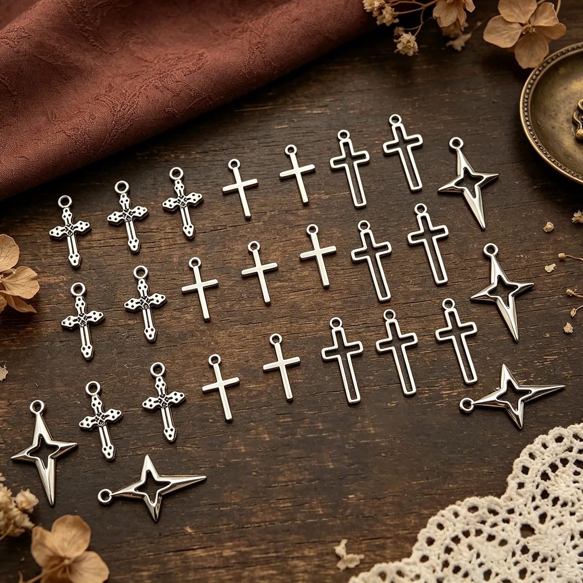 28-Piece Set of Cross-Shaped DIY Handmade Accessories, Featuring Hollow Cross Patterns, Simple Vertical Crosses, and Four-Pointed Star Shapes, Suitable for DIY Bracelets, Necklaces, Earrings, Pendants, and Handmade Beaded Decoration Accessories