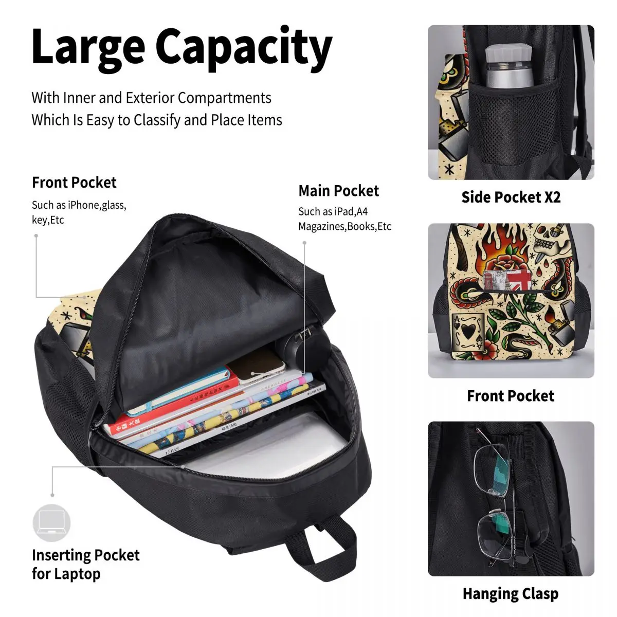 

American Traditional Flash Pattern Tattoo BackpacksStudents School Bags Kids Rucksack Lunch Bag Pen Bag Three-Piece Set