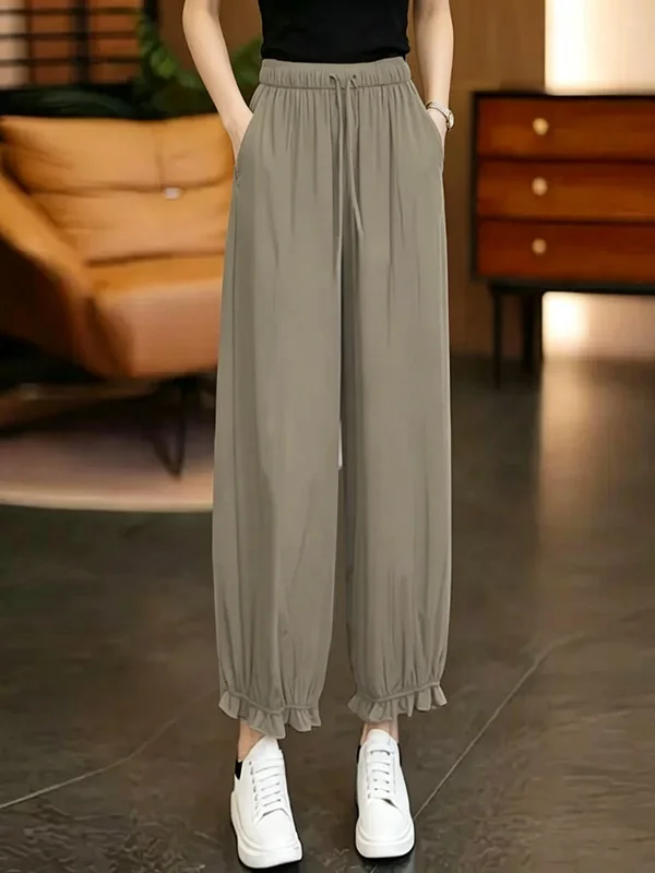 Summer Thin Wooden  Lace Pants High Waist Loose Slim Lantern Casual Breathable Versatile Eight Flower Bud Pants