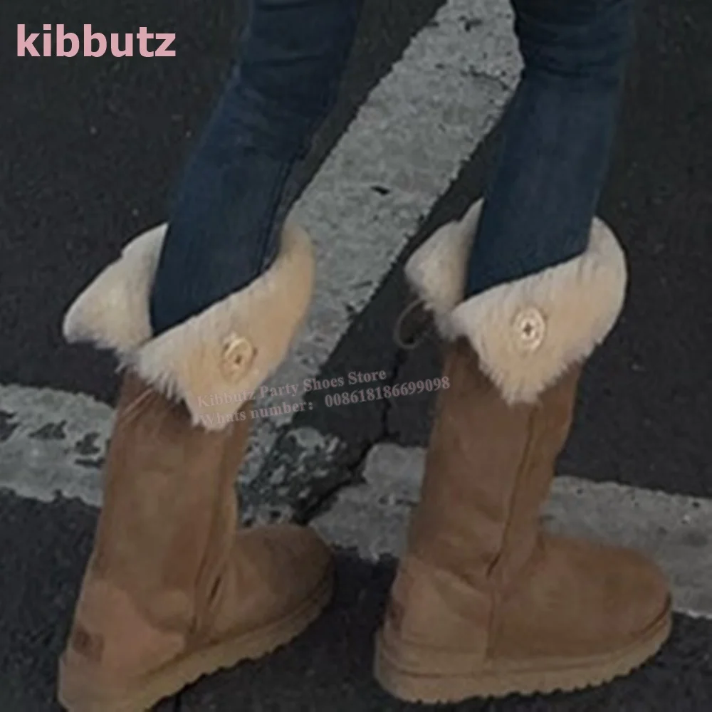 Turned-Over Edge Snow Boots Furry Knee High Round Toe Height Increasing Slip-On Fashion Concise Winter Warm Women Shoes Newest