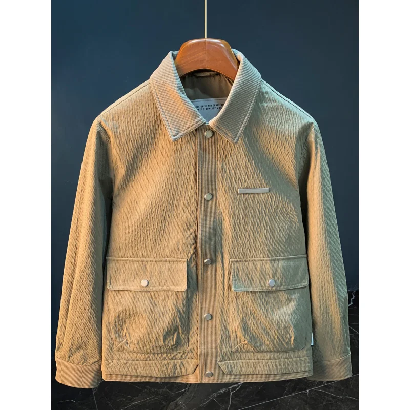 Autumn men's jacket trend new item lapel button cardigan jacket large size loose casual embossed top for men