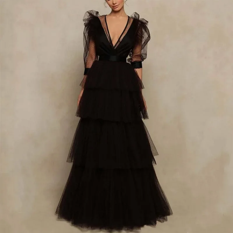 Black Long Tiered Prom Dresses for Women Tulle V-Neck Floor-Length A-Line Special Events Wedding Gala Evening Party Dress 2023