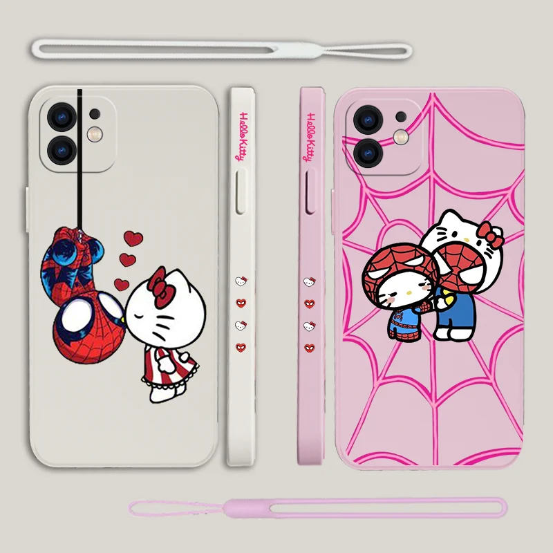 Spidermans Hellos Kittys Phone Case For iPhone 15 14 13 12 11 Pro Max Mini X XR XS MAX 8 7 Plus 6 6S Silicone with Hand Strap