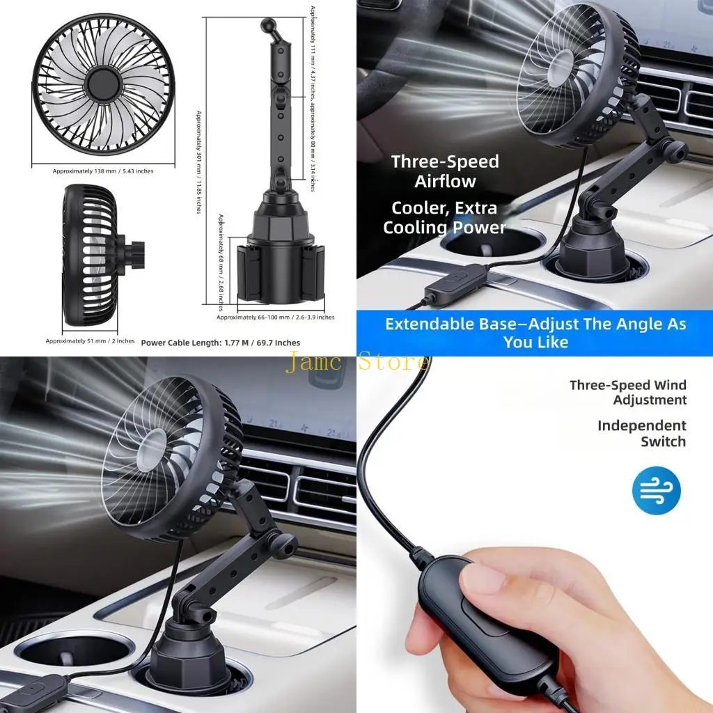 LX0B 360 Degree Adjustable USB Car Cup Holder Fan With 3 Speed Setting For Cooling