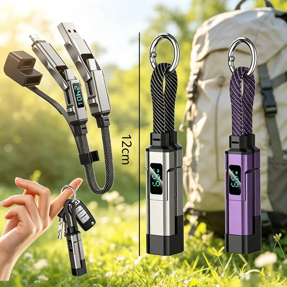 Hot New 4 in 1 65W Keychain Charging Cable USB C Cable with V/A/W Display/* Type C for Portable/* Cord for Laptop Mobile Phone