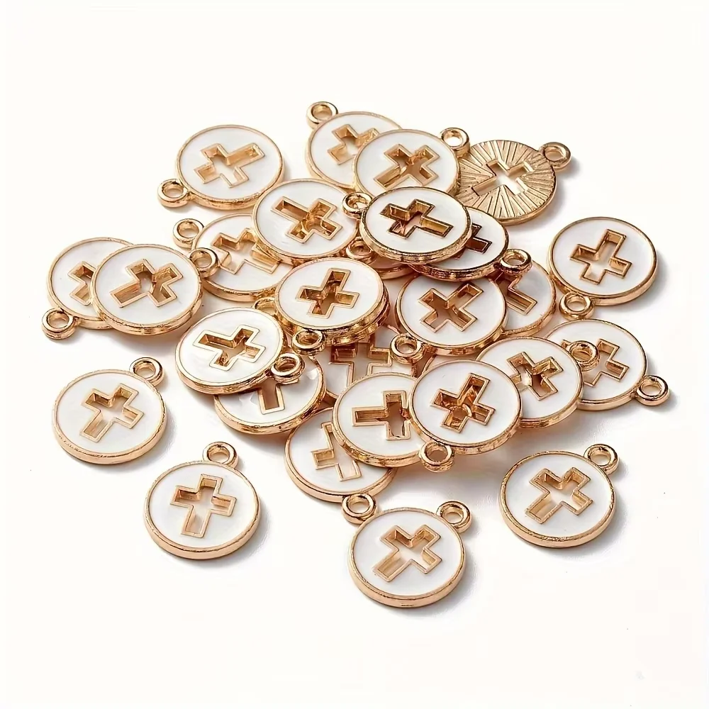 50 Enamel Cross Pendants – Zinc Alloy Flat Round Jewelry Findings for DIY Jewelry Making
