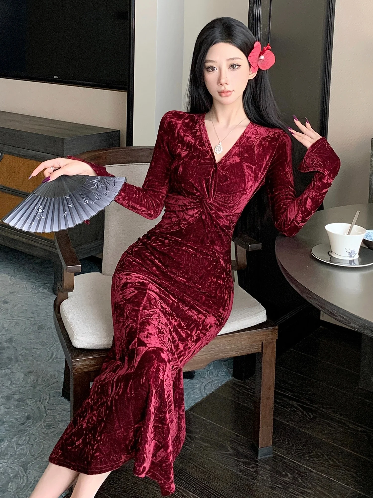 

Velvet Bodycon Dr Sexy Long Sve High Waist Autumn Winter Ele Fi Tail Red Color Birthday Anniversary Par Dr