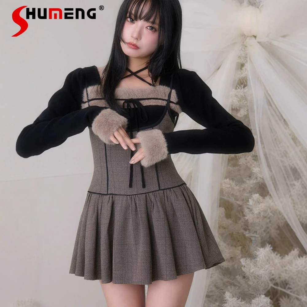 

Japanese Style Elegant Sweet Square Neck Lace-up Bow Plush Patchwork Long Sleeve Versatile Knitted Pullover for Women Sweaters