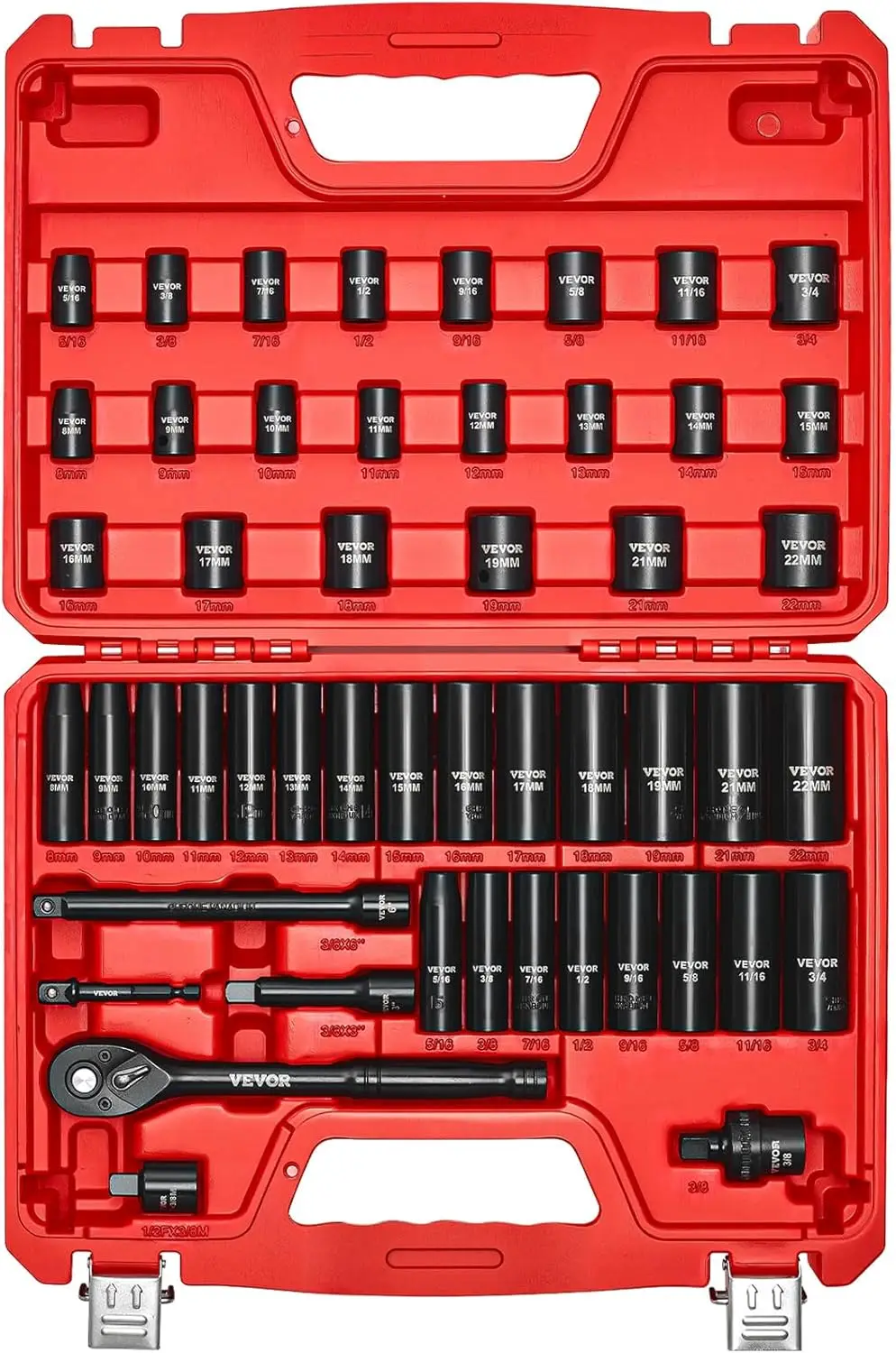 

3/8" Drive Impact Socket Set, 50-Piece SAE & Metric, Deep & Shallow, 6 Point, CR-V Steel with Case