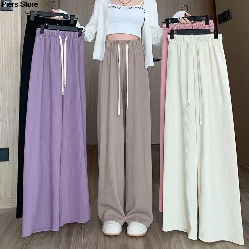 New 2023 Summer Women Casual Elastic High Waist Wide Leg Pants Lady Female Solid Loose Pleated Trousers