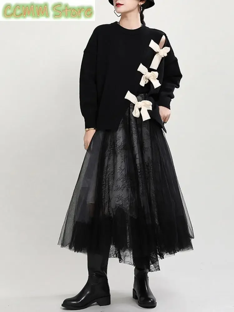 

New Hollow Out Bow Big Size Knitting Sweater Round Neck Long Sleeve Women Pullovers New Fashion Autumn Winter