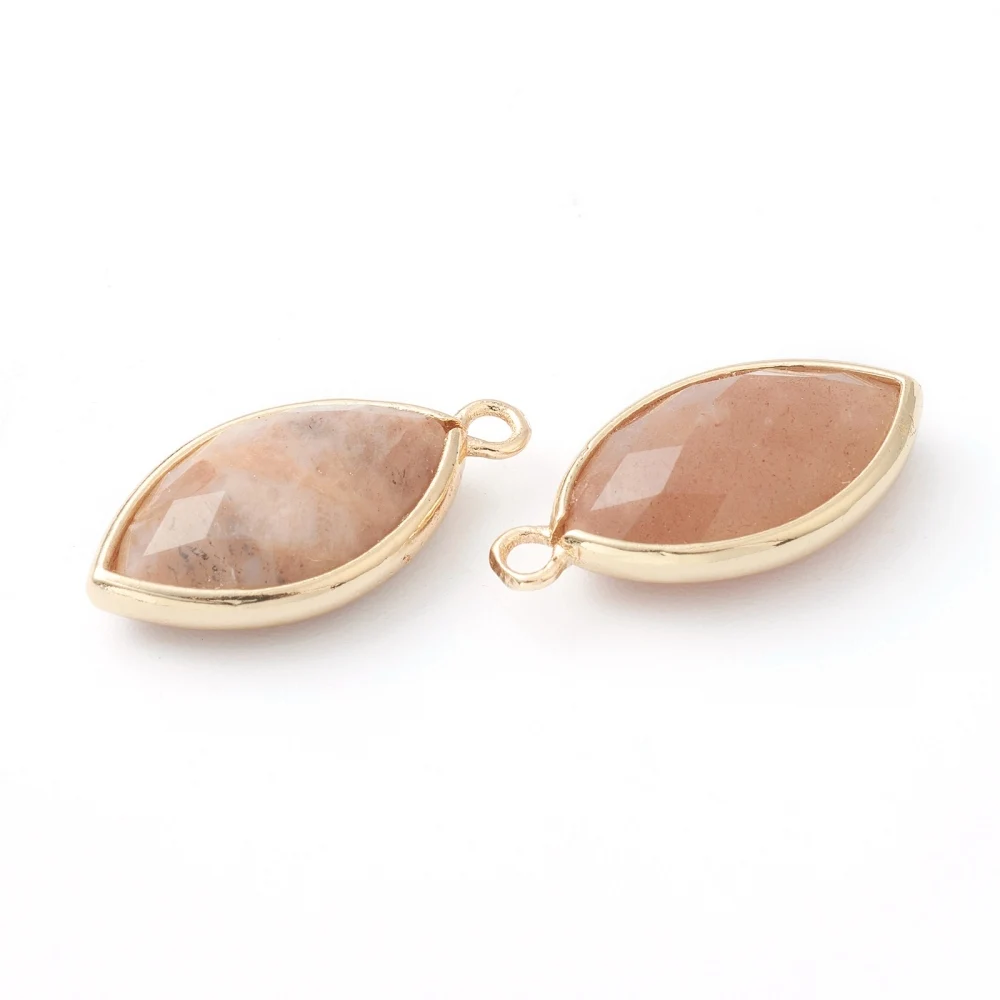 1Pcs Faceted Sunstone Pendants Horse Eye Pendant with Golden Brass Edge Faceted Stone Charms for Necklace Bracelet Jewelry
