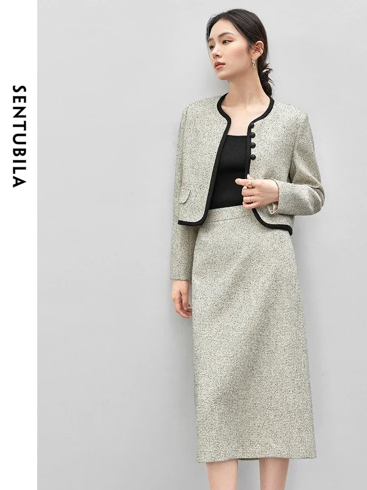 

SENTUBILA Elegant Ladies Tweed Sets Women Outfit Two Piece Skirt Set 2025 Spring Contrast Trim Short Jacket Slit Skirt 143Z56156