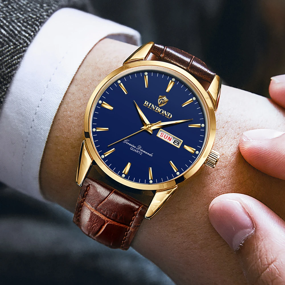 BINBOND Simple Fashion Men's Watches Leather Strap Mineral Glass Original Quartz Watch for Man Waterproof Luminous Date Week New