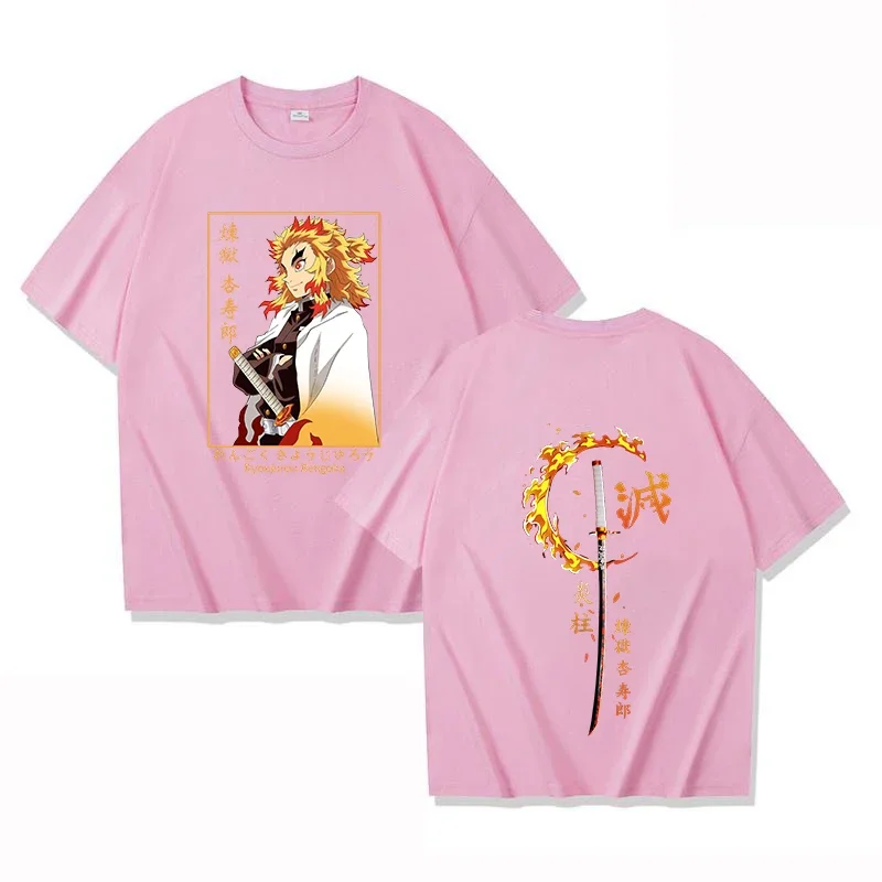 Camisetas de manga corta con estampado de Anime Demon Slayer Rengoku Kyoujurou para hombre y mujer, camisetas informales de verano Unisex, camisetas deportivas